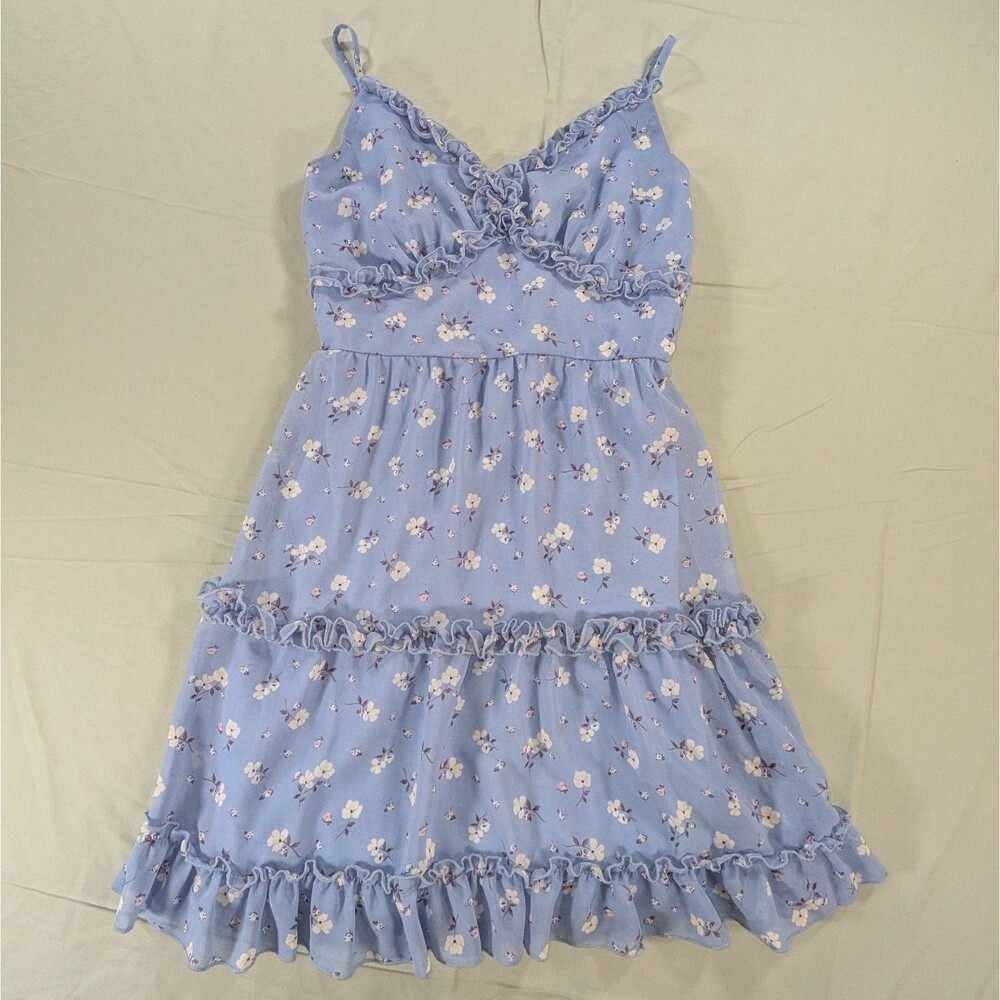 Liberty Love Women's Mini Dress Small Blue Floral Tiered Ruffles Sweetheart Neck